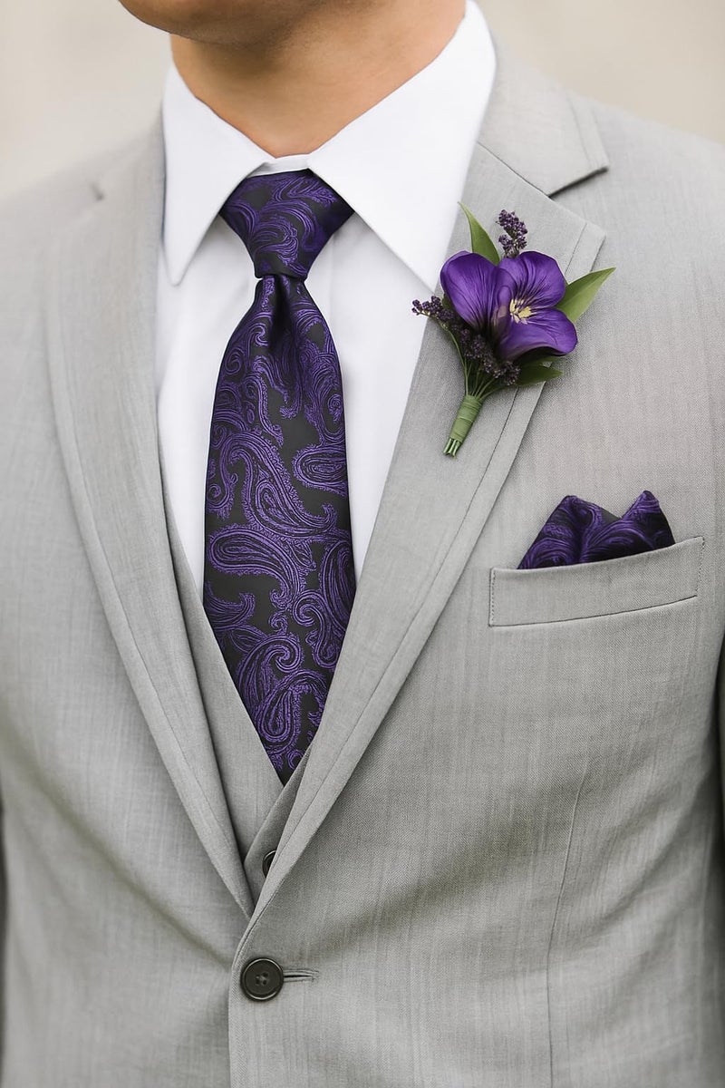 KissTies Royal Purple Extra Long Tie 63'' XL Paisley Necktie And Pocket Square + Gift Box - Image 2